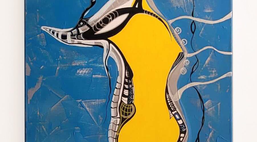 Woman blue yellow abstract painting